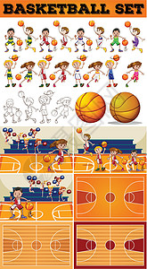 篮球游戏篮球场与球员和球场设计图片
