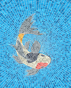 费瓦湖落日锦鲤鱼马赛玻璃彩色动物水族馆样本马赛克艺术插图鲤鱼蓝色设计图片