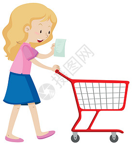 购物清单列表妇女读了购物单并且推挤汽车设计图片
