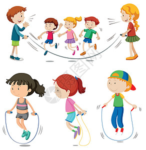 玩跳绳的孩子男孩和女孩跳绳朋友们跳跃剪裁男生运动乐趣夹子艺术孩子团体设计图片