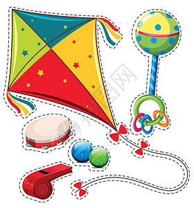 不同类型的玩具小路夹子配饰风筝娱乐绘画音乐摇床贴纸飞行背景图片