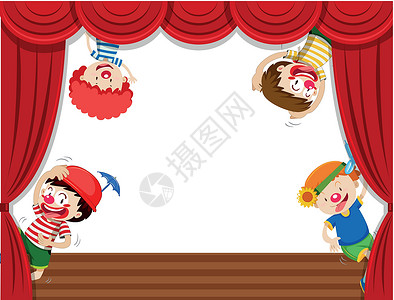 舞台儿童雄鹿上的四个小丑设计图片