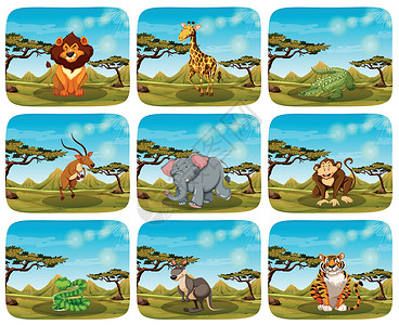 涠洲岛鳄鱼山场景中的一组不同动物绘画麋鹿狮子驯鹿丘陵艺术老虎鳄鱼爬坡野生动物设计图片