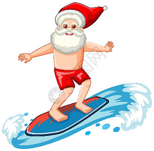 冲浪元素素材圣诞老人冲浪在白色背景上的夏季主题展示惊喜季节微笑海滩卡通片派对眼睛卡片插图设计图片
