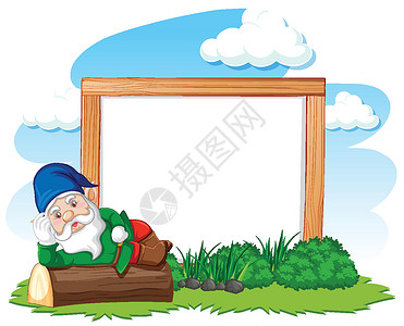 卡通指示牌Gnome 躺在白色背景上空白横幅卡通风格的树桩上卡通片童年小精灵插图想像力假期季节框架庆典青年设计图片