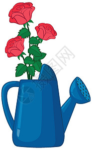 卡通红色玫瑰喷壶中的玫瑰在白色背景上的卡通风格设计图片