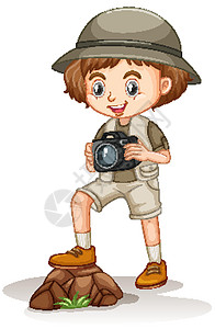 拿着相机女生穿着狩猎服的女孩在白色背景上拿着相机设计图片