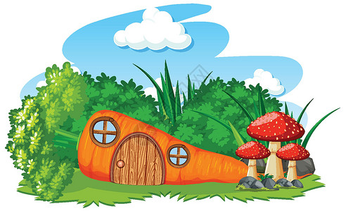 卡通房子装饰天空背景下蘑菇卡通风格的胡萝卜屋设计图片