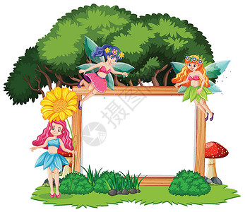 卡通指示牌白色背景上空白横幅卡通风格的森林童话设计图片