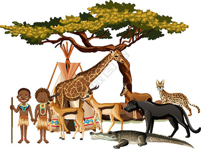 部落的非洲部落与白色背景上的一群非洲野生动物动物群荒野猎人生活森林丛林动物生物团体哺乳动物设计图片