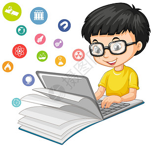 书呆子男孩在笔记本电脑上搜索与教育图标卡通风格隔离在白色背景设计图片