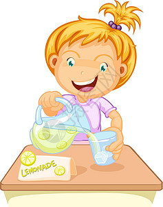 拿着水壶的女孩喝果汁的女孩金色卡通片草图店铺孩子柠檬工作微笑头发玻璃设计图片