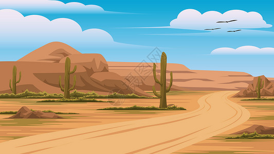 西南边陲沙漠山脉天空和仙人掌景观的插图在一条小路的两侧这是天空晴朗的一天 气氛明亮设计图片