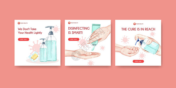 具有冠状病毒和细菌保护和安全性的洗手液广告模板设计消毒剂手指清洁感染说明疾病操作肥皂冲洗病菌设计图片