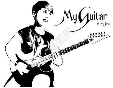 吉他手沃玛的黑白素描岩石娱乐插图吉他黑色艺术家女人匿名电吉他绘画设计图片