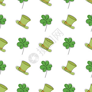 宽檐花形礼帽圣帕特里克节无缝图案-三叶草叶和绿色圆顶礼帽 ha设计图片