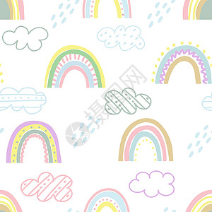 雨png婴儿无缝图案与彩虹云和滴矢量图设计图片