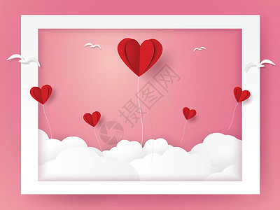 情人节爱心气球和飞出框架纸艺术风格的鸟的插图高清图片