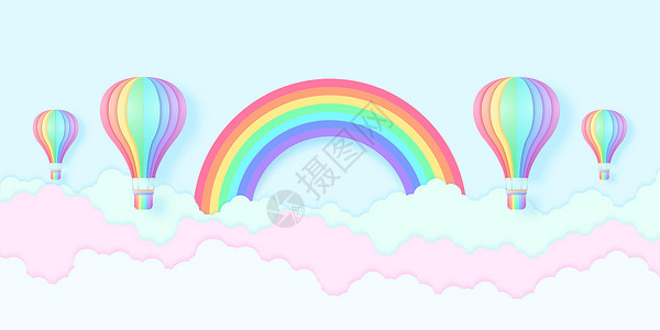 气球飞彩虹色热气球在蓝天和彩云中飞翔 彩虹纸艺术风格设计图片