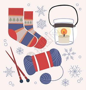 毛线球分割线一套冬季项目和 Clothin短袜雪花玻璃灯笼羊毛袜子毛线插图条纹蜡烛设计图片