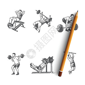 男子哑铃运动健身男子在健身房矢量概念 se 中用杠铃锻炼举重肌肉男性男人活力力量草图柔性胸部教练设计图片