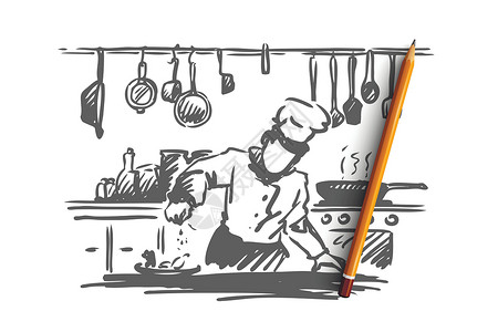 食品厨师烹饪厨师食品概念 手绘孤立的矢量餐厅首席草图职业服务工作咖啡店食物用餐炊具设计图片