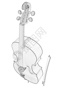 细绳从孤立在白色背景上的黑色线条的小提琴线框 透视图  3D 它制作图案矢量设计图片