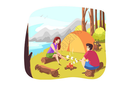 吃棉花糖的女孩自然旅行远足露营旅游概念设计图片