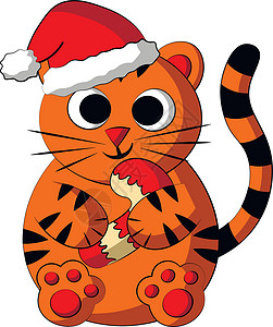 猫美食可爱的卡通老虎戴着圣诞帽 拿着拐杖糖 在科罗拉多画插图设计图片