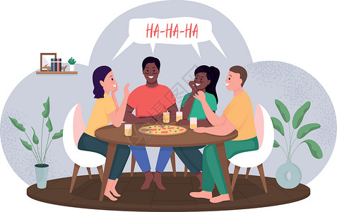 中年夫妻头疼朋友们在比萨饼上见面平面颜色矢量详细字符派对生活女士插图中年会议活动成人网络男人设计图片