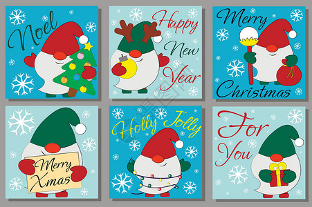 圣诞童话设置带有字符 Gnome 的圣诞贺卡明信片设计图片