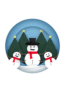 圣诞贺卡模板圣诞快乐贺卡 圣诞树上有降雪 圆形框架中有雪人设计图片