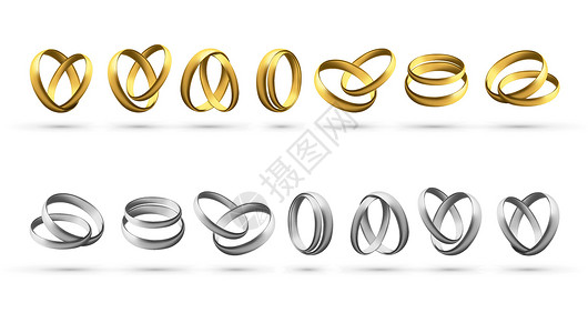 结婚戒指选择一套金色和银色的结婚戒指在白色背景上被隔离庆典奢华丈夫夫妻订婚蜜月离婚假期金子仪式设计图片
