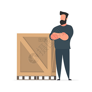 大箱子一个男人拿着一个大木箱站着 大托盘 交付和运输概念 孤立 向量货物邮件纸板导游信使木偶插图船运服务工人设计图片