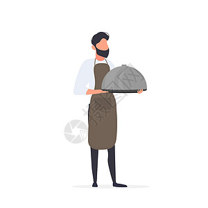 餐饮服务员厨师拿着一个带盖的金属盘子 有间距的服务员 孤立 向量午餐工人服务人手男人食物衣服餐饮合金托盘设计图片