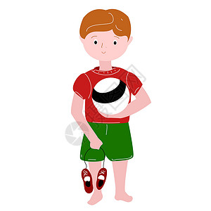 穿短裤的男孩一个穿着橄榄球制服的男孩 带着球和运动鞋设计图片