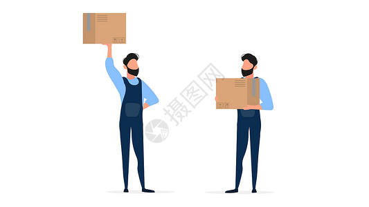 工人在打包箱子一组装载机 穿着工作服的装载机拿着一个箱子 手里拿着箱子的家伙 孤立在白色背景上 向量设计图片