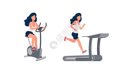 年轻女性健身房使用跑步机跑步这个女孩正在从事一辆固定自行车 女人在跑步机上跑步 运动和健康生活方式的概念 孤立 向量设计图片