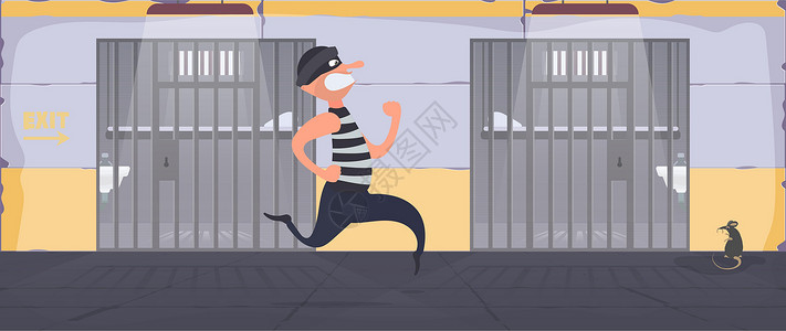 一名囚犯越狱 逃脱罪犯 带金属棒的牢房 卡通风格 向量地面束缚自由跑步休息犯罪刑事奴隶镣铐警察背景图片