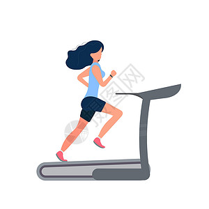 年轻女性健身房使用跑步机跑步跑步机上的女孩 一位穿着短裤和 T 恤的女士正在模拟器上跑步 孤立 向量房子女性机器成人身体健身房卡通片赛跑者速度有氧运动设计图片