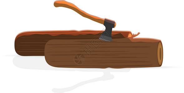 钢木格子在白色背景上孤立的木原木的矢量插图 一把大斧头从树上伸出来设计图片