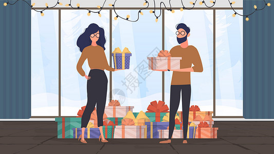 调情新年概念 男人和女人互相赠送礼物 圣诞房间 一山的礼物 窗外的冬天 矢量器设计图片