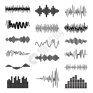 脉冲线大黑声波集合 一组独立的音频标志设计符号 矢量均衡器元素 脉冲音乐播放器设计图片