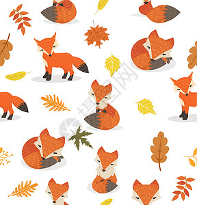 多彩秋天树叶不同的可爱狐狸姿势树叶状图案设计图片