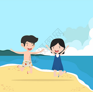 青年情侣看手机与夏日海滩的情侣设计图片