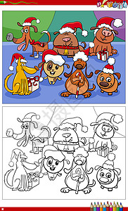 老人与宠物卡通狗角色与圣诞礼物着色书页设计图片