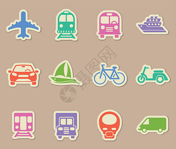 纸贴纸上的颜色矢量图标运输小巴自行车标签机车货物车辆卡车摩托车火车背景图片