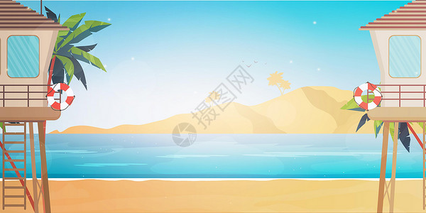海滩救援站 海滩 棕榈树 救生衣 卡通风格 矢量说明海岸稻草阳光安全天空车站救生员旅行地平线假期设计图片