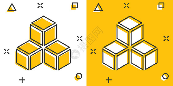 武汉国际广场漫画风格的矢量卡通区块链技术图标 密码学立方体块概念插图象形文字 算法业务飞溅效果概念货币金融团体贸易盒子代码商业公司互联网银行设计图片