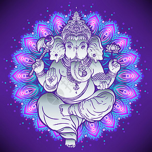 印度人印度教主甘尼沙Ganesha在多彩的曼达拉上方 矢量插图 维他命装饰性病媒元素被孤立 手画paisley背景 印度motifs幸设计图片